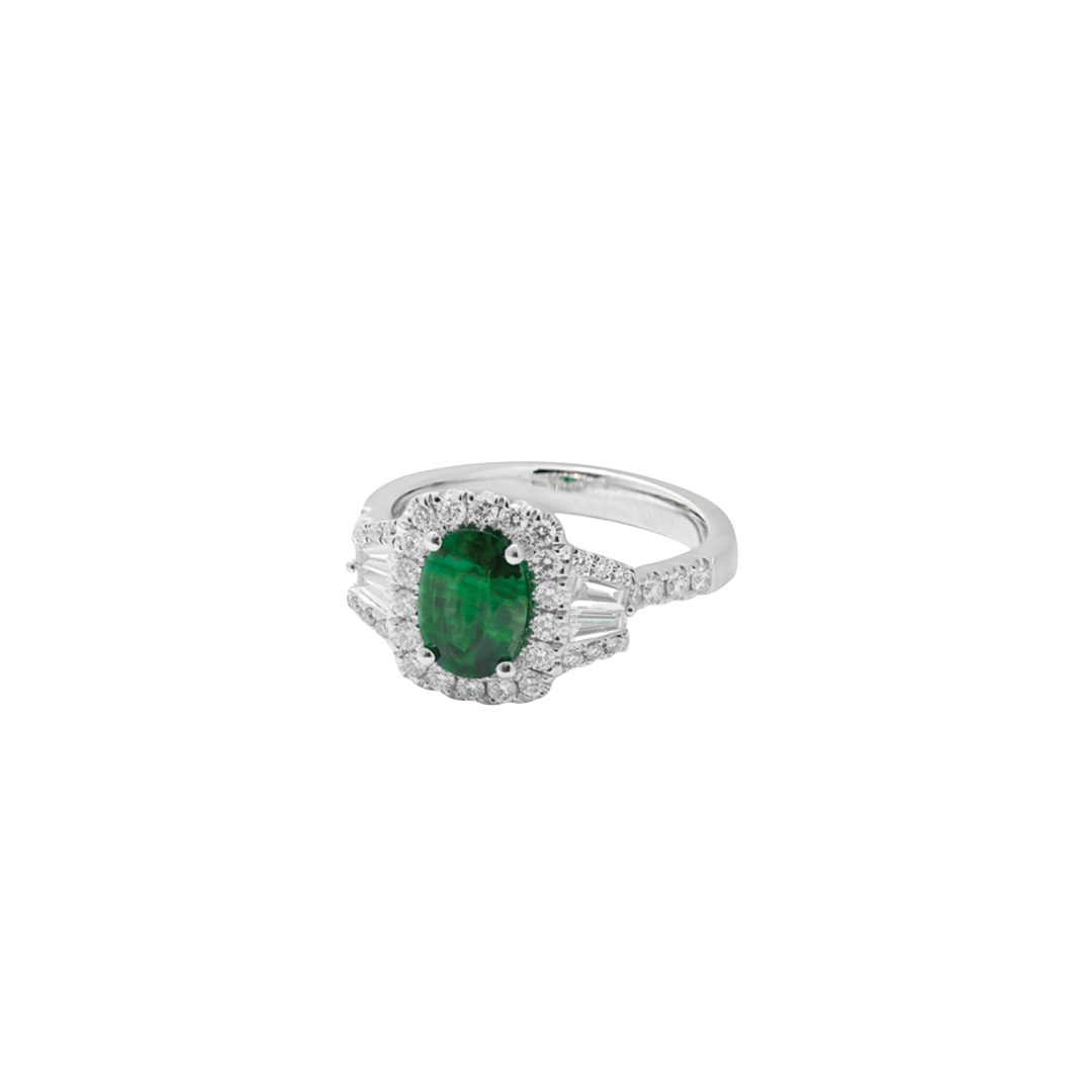 Emerald Ring with Baguette and Round Diamonds