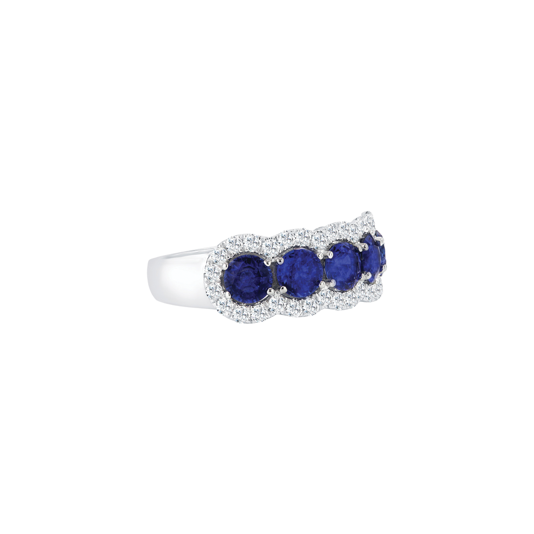 5-Stone Sapphire Ring with Diamond Halo
