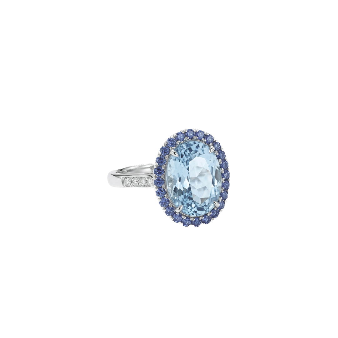 Oval Aquamarine Ring with Sapphire Halo