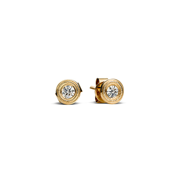 Yellow Gold Diamond Studs set in Milgrain Bezels