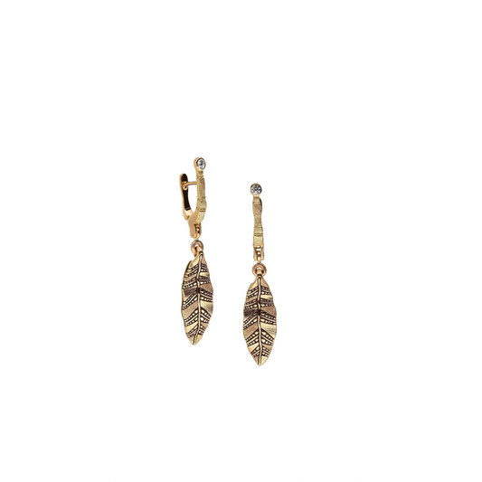 Huggie Leaf2 Drop Earrings with Diamonds