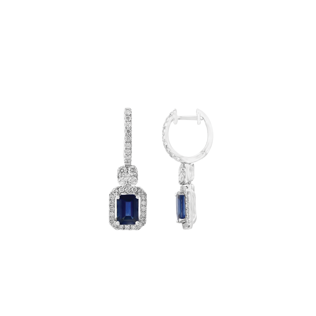 Emerald Cut Blue Sapphire Drop Earrings with Diamond Halo