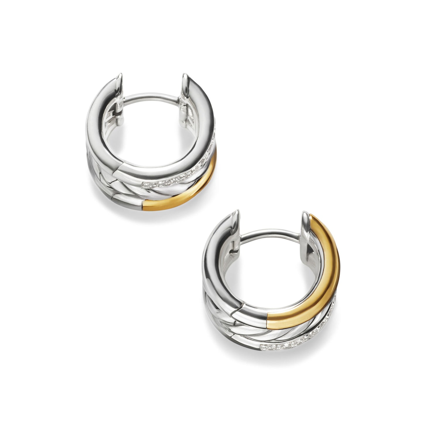 DY Mercer Huggie Hoop Earrings in Sterling Silver with 18K Yellow Gold and Diamonds, 14mm