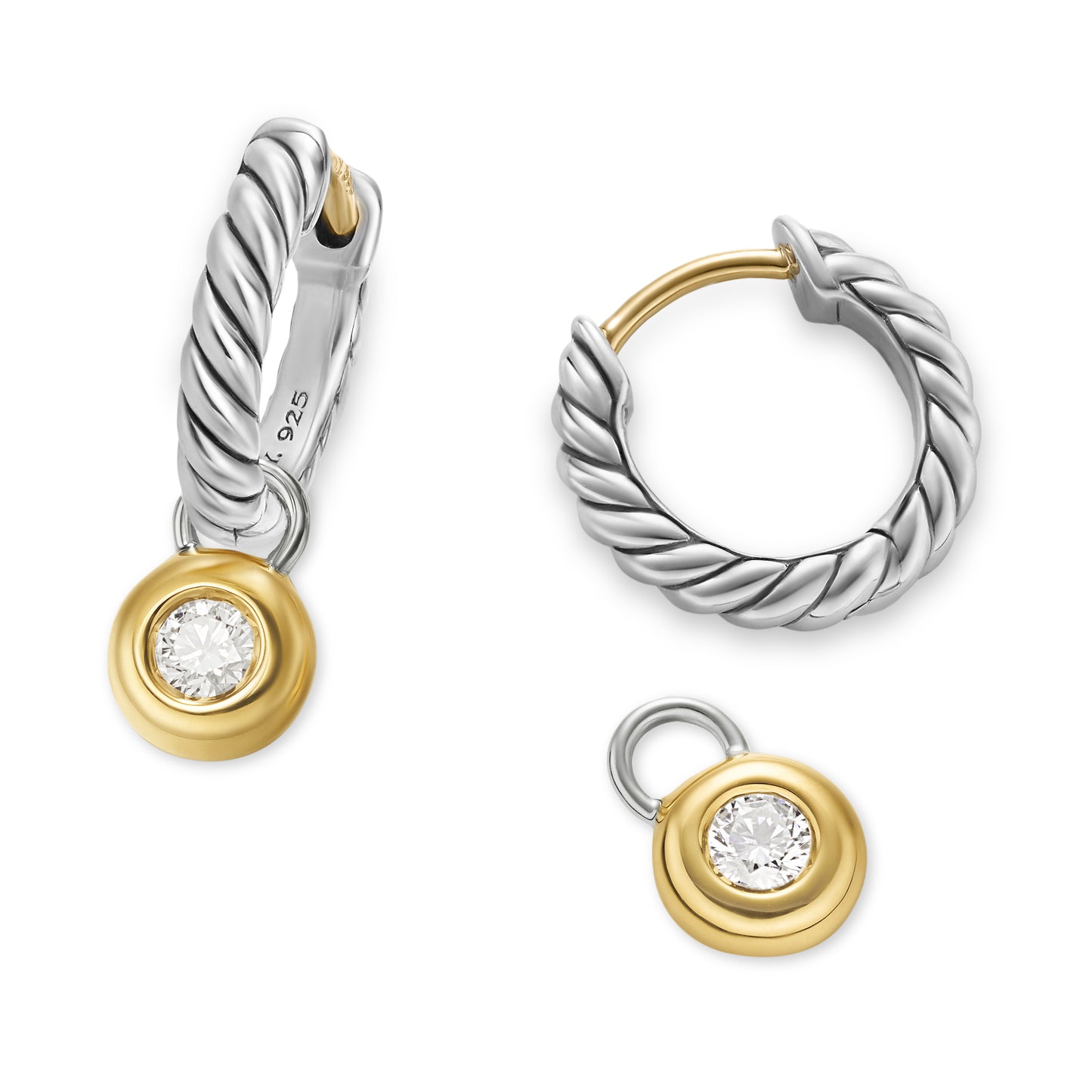 Petite Cable Huggie Drop Earrings in Sterling Silver with 14K Yellow gold and Center Diamond, 17.5mm