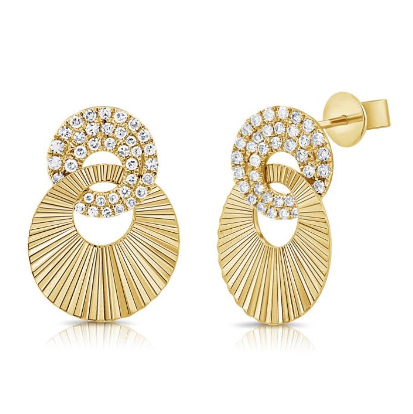 Fluted And Pave Diamond Disk Link Stud Earrings