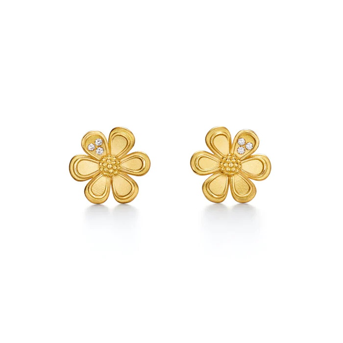 Golden Flower Earrings with Diamonds