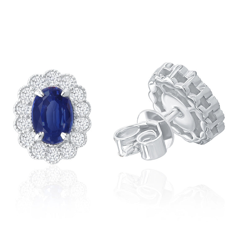 Sapphire Floral Stud Earrings with Diamond Halo