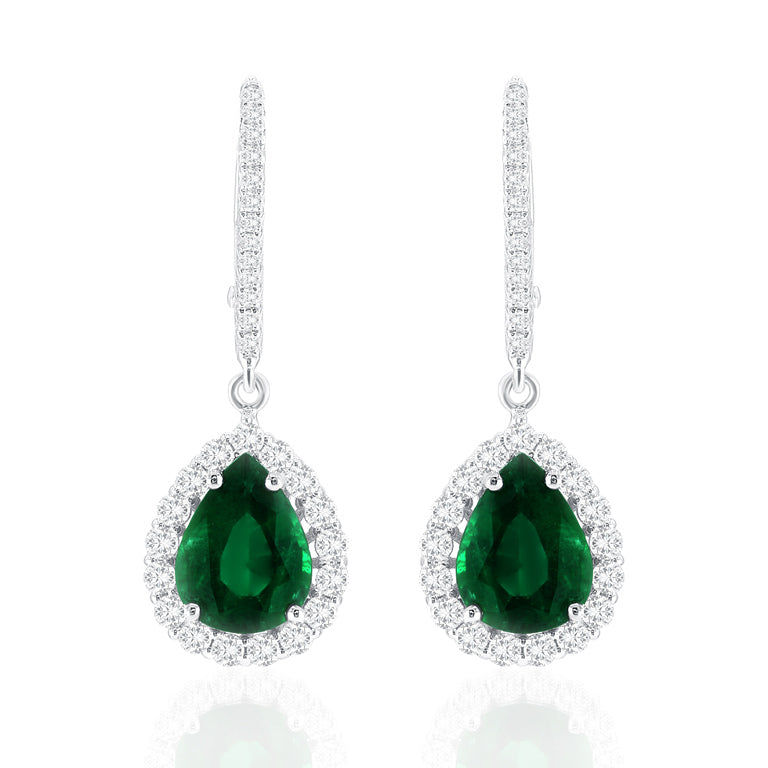 Emerald Drop Earrings with Diamond Halo