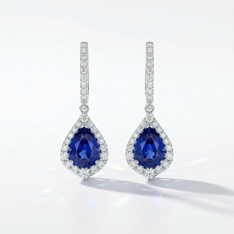 Sapphire Drop Earrings with Diamond Halo