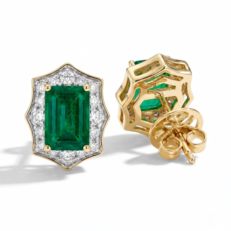 Emerald and Diamond Halo Stud Earrings
