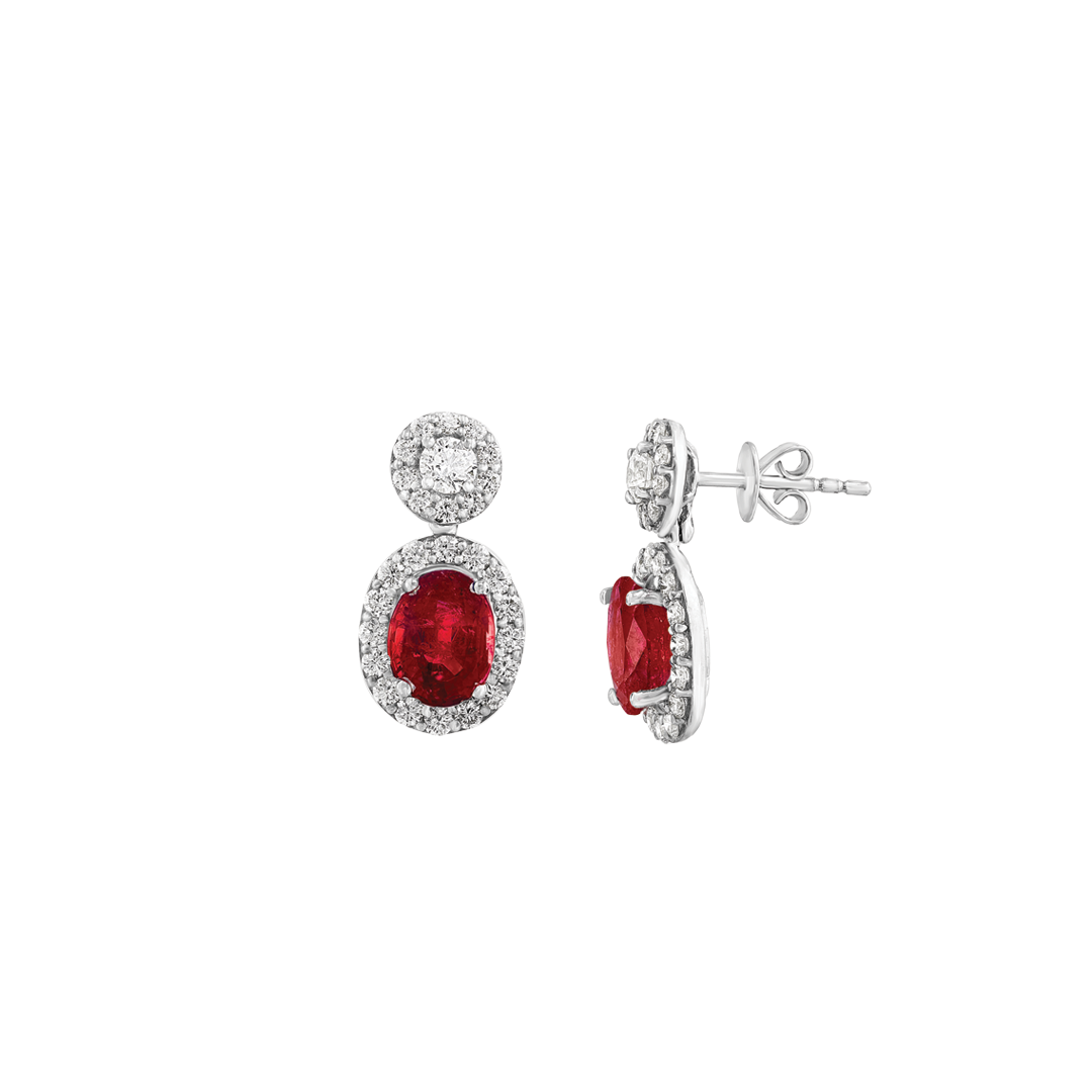 Oval Ruby Halo Drop Earrings with Diamond Stud