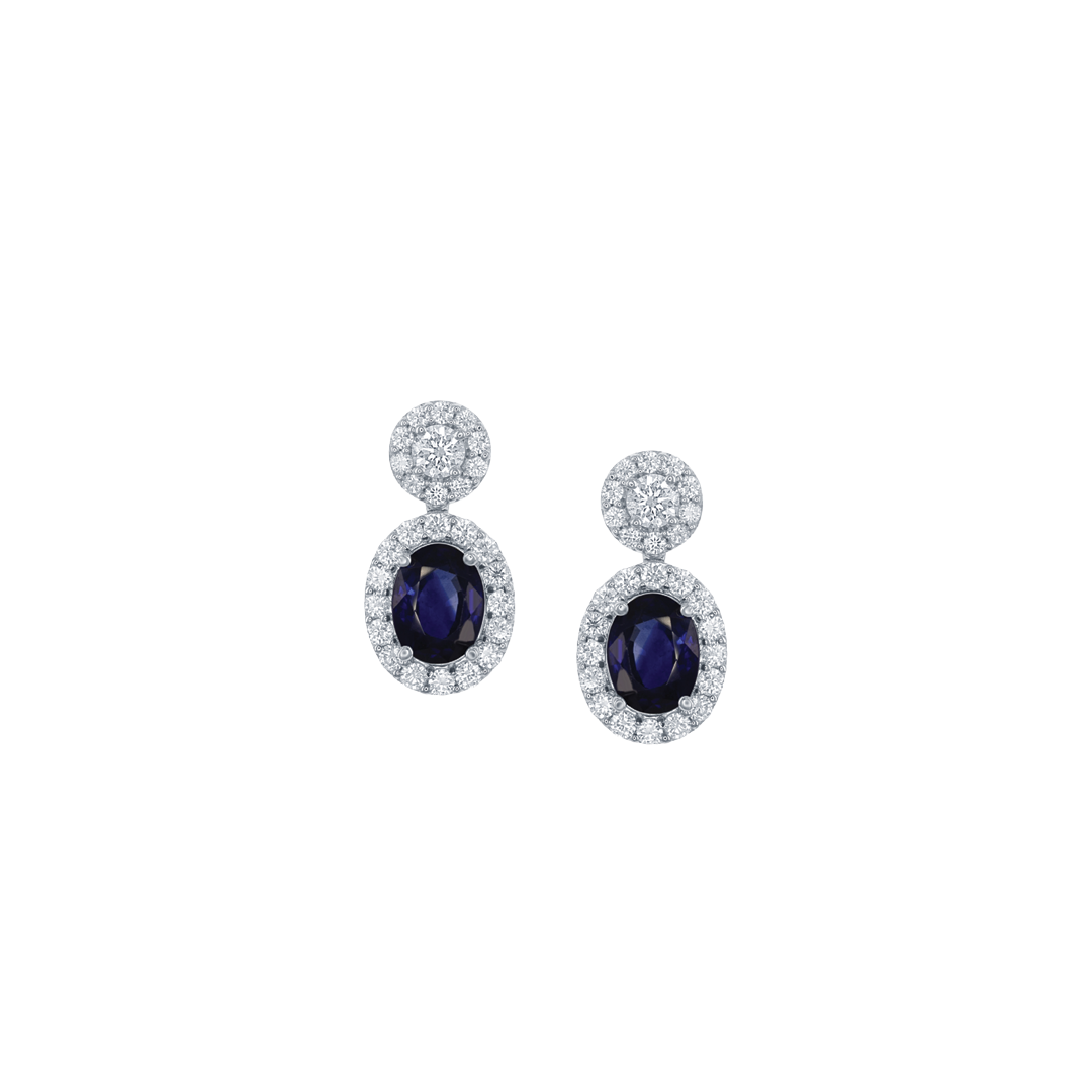 Oval Blue Sapphire Drop Earrings with Diamond Halo Stud