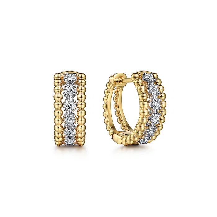 White & Yellow Gold Bujukan and Diamond Huggie Earrings