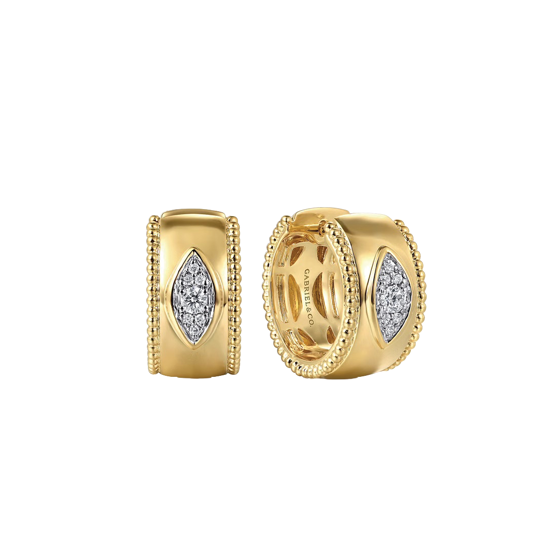 Gold Bead and Diamond Wide Huggie Hoop Earrings