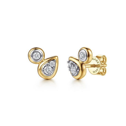 Yellow And White Gold Diamond Pear and Round Stud Earrings