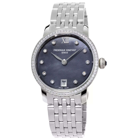 30mm Slimline Ladies Quartz Watch with Black Mother of Pearl Dial & Diamonds