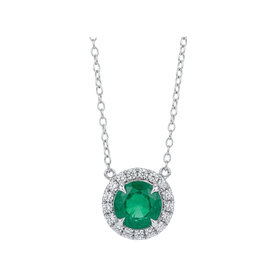 Round Emerald Pendant with Diamond Halo