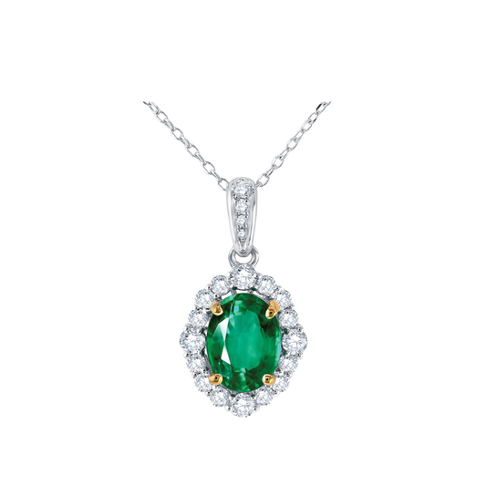 Emerald with Diamond Halo Pendant Necklace