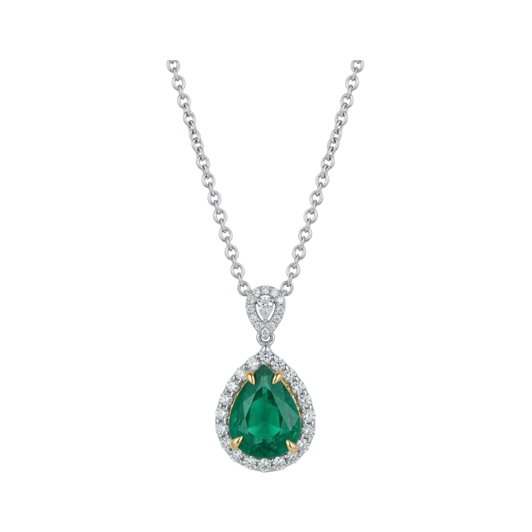 Pear Shaped Emerald Necklace with Diamond Halo