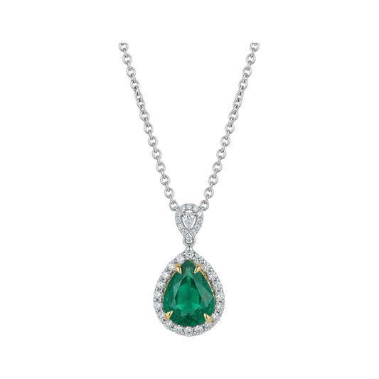Pear Shaped Emerald Necklace with Diamond Halo