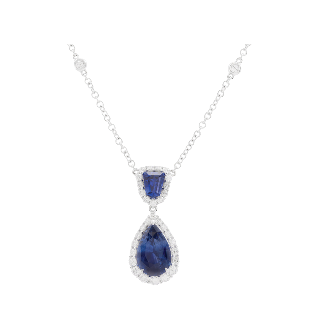 Double Diamond Halo and Blue Sapphire Necklace