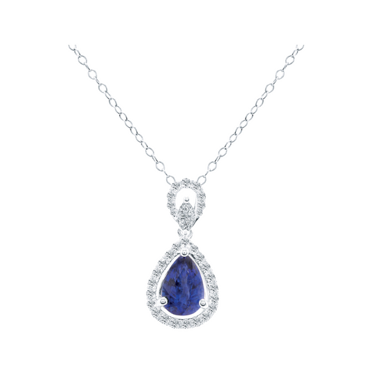 Pear Shaped Blue Sapphire Pendant Necklace with Diamond Halo