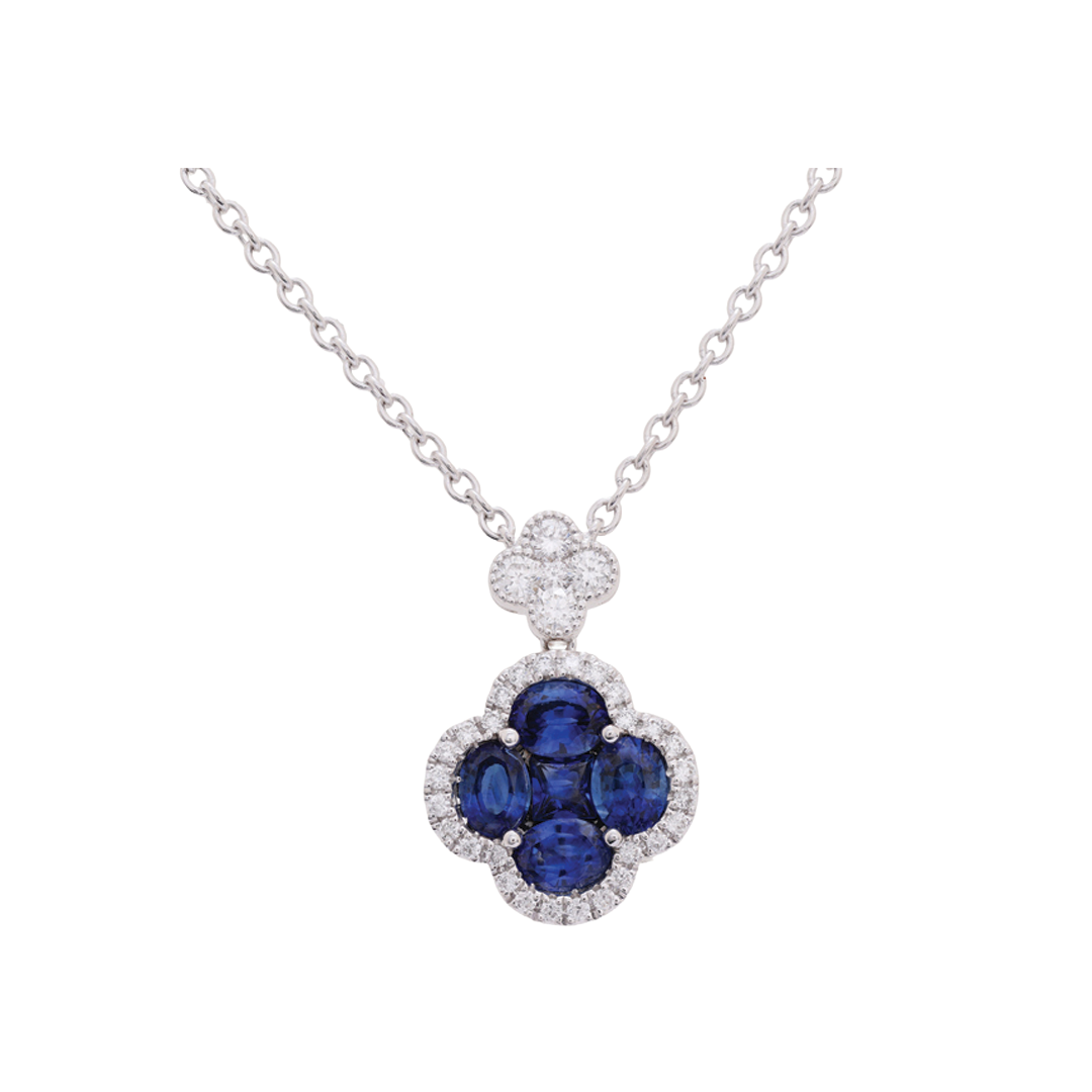 Blue Sapphire Clover Cluster Pendant Necklace