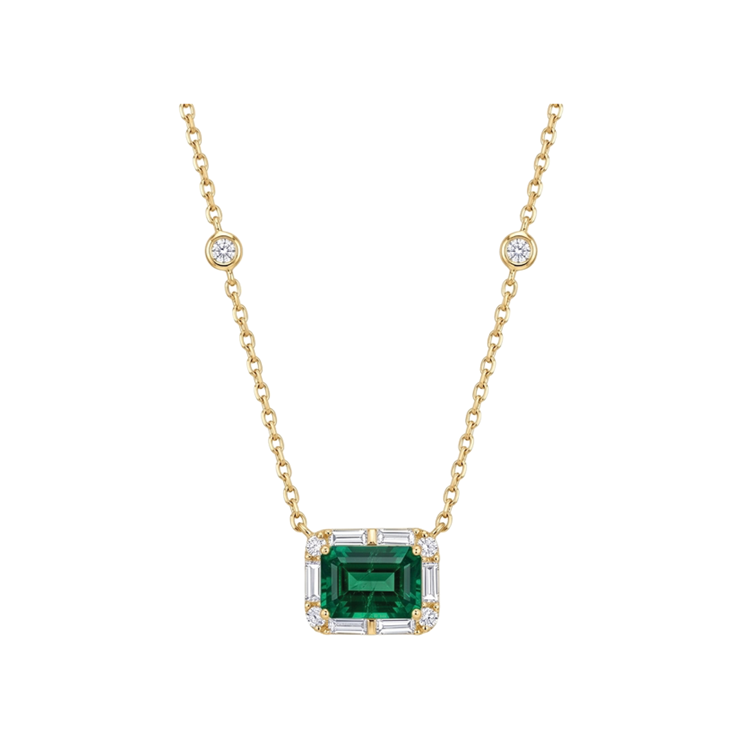 East-West Emerald Pendant Necklace with Diamond Halo