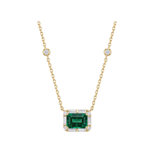 East-West Emerald Pendant Necklace with Diamond Halo