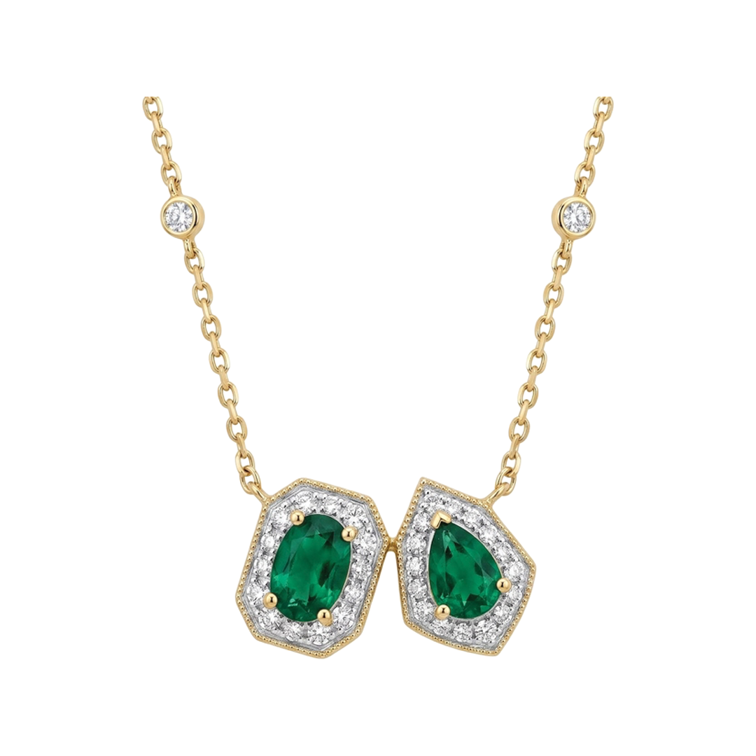 Oval and Pear Emerald Necklace with Diamond Halo