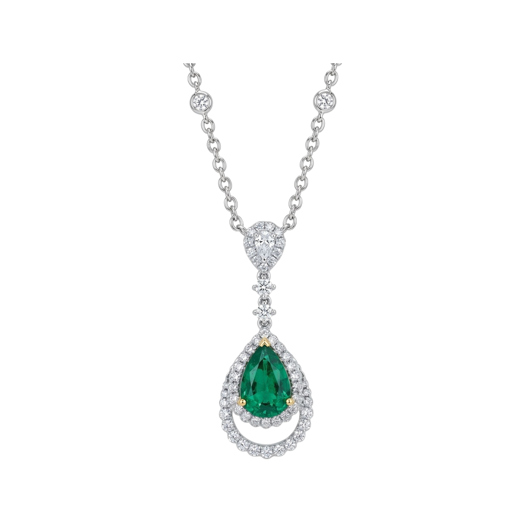 Emerald Pendant Necklace with Double Diamond Halo