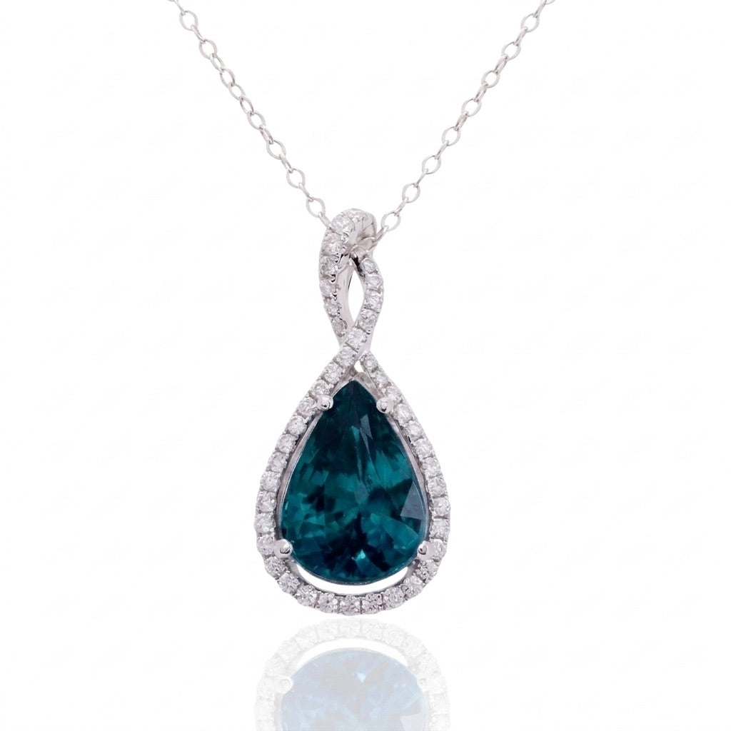 Pear Shaped Blue Zircon Pendant Necklace with Diamond Halo