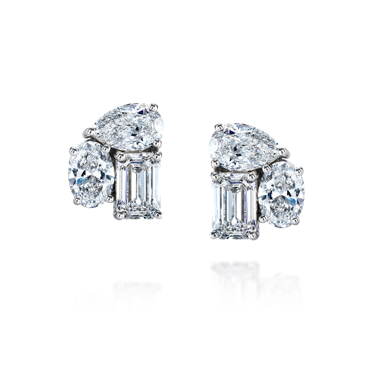 Mixed Shape 3-Diamond Cluster Stud Earrings