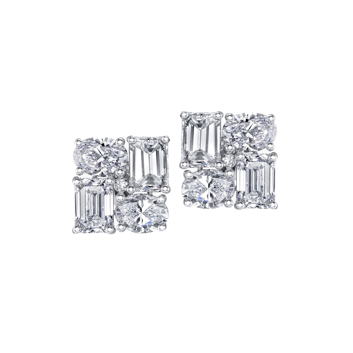 Mixed Shape Diamond Square Cluster Stud Earrings