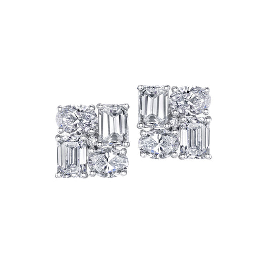 Mixed Shape Diamond Square Cluster Stud Earrings