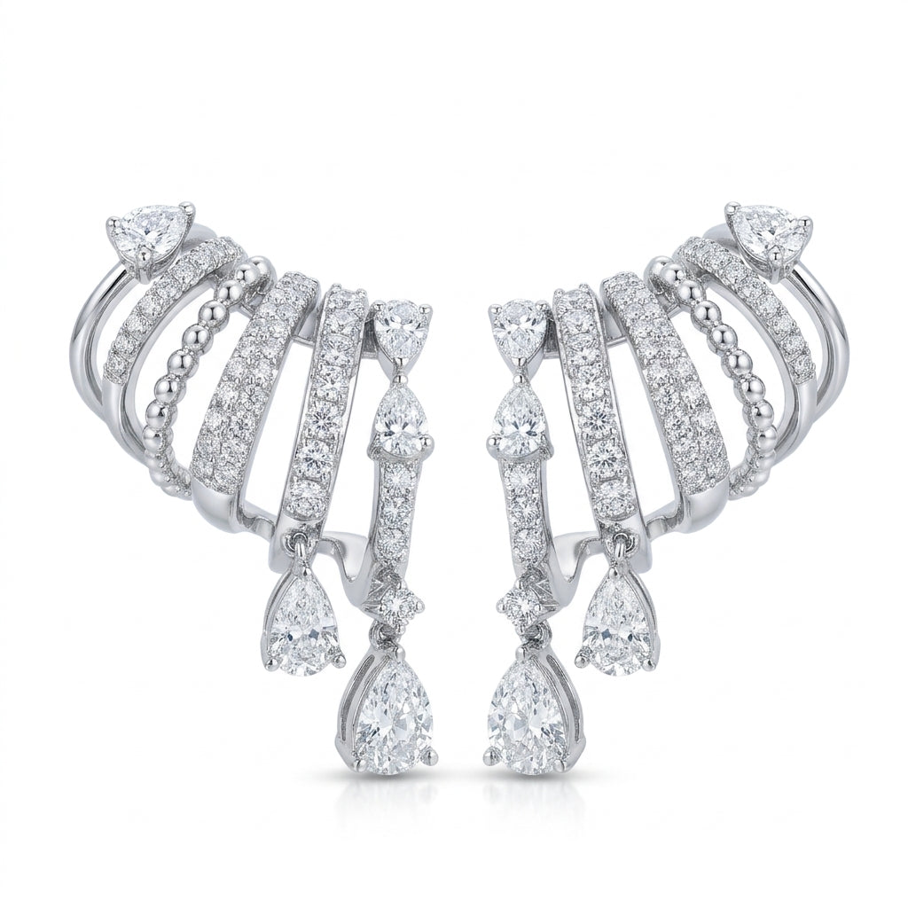 Cage Climber Earrings With Pear and Round Diamonds