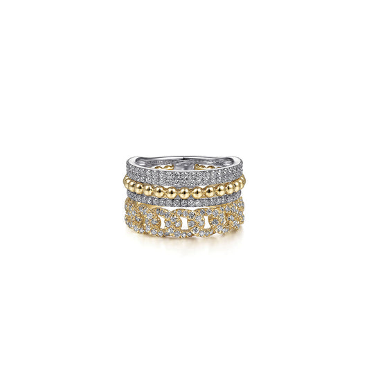 Four Row Diamond Gold Beaded Curb Link Ring