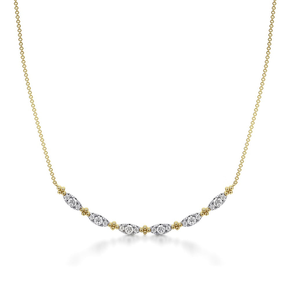 Diamond and Gold Bead Curved Bar Necklace