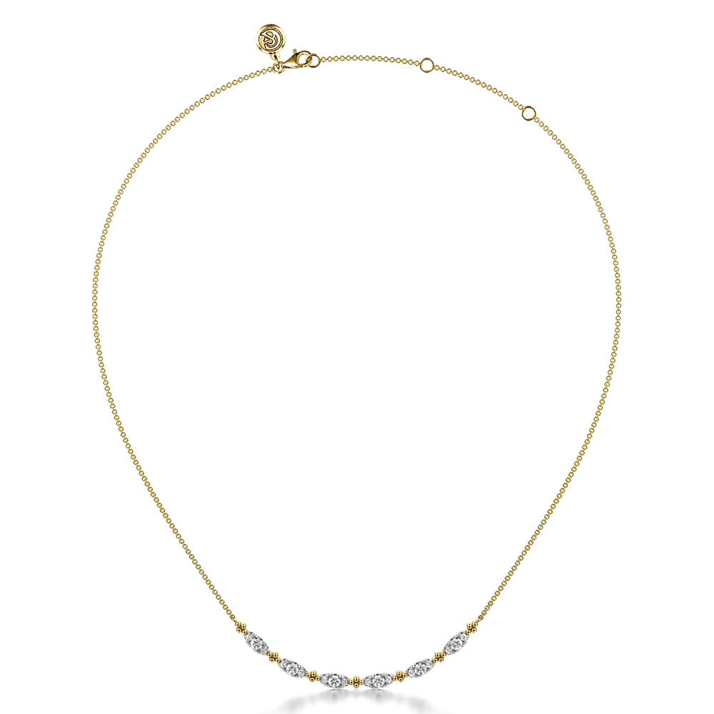 Diamond and Gold Bead Curved Bar Necklace