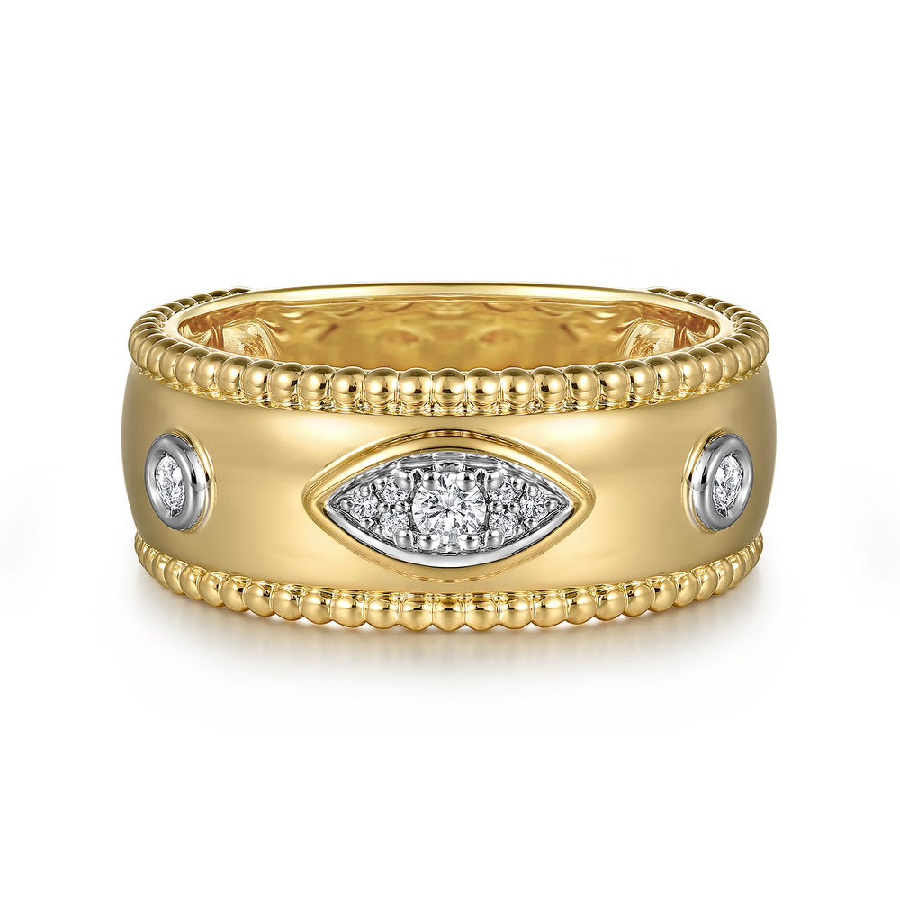 Wide Gold Beaded and Diamond Band