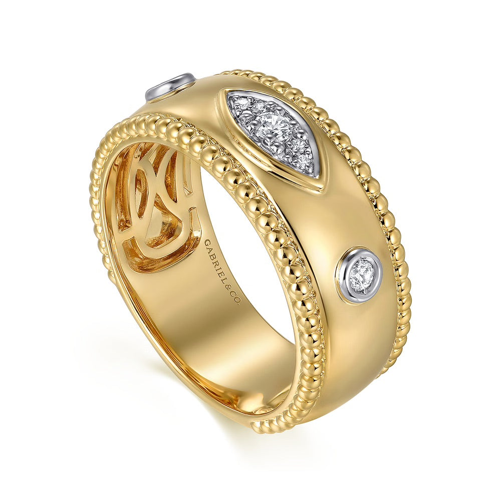 Wide Gold Beaded and Diamond Band