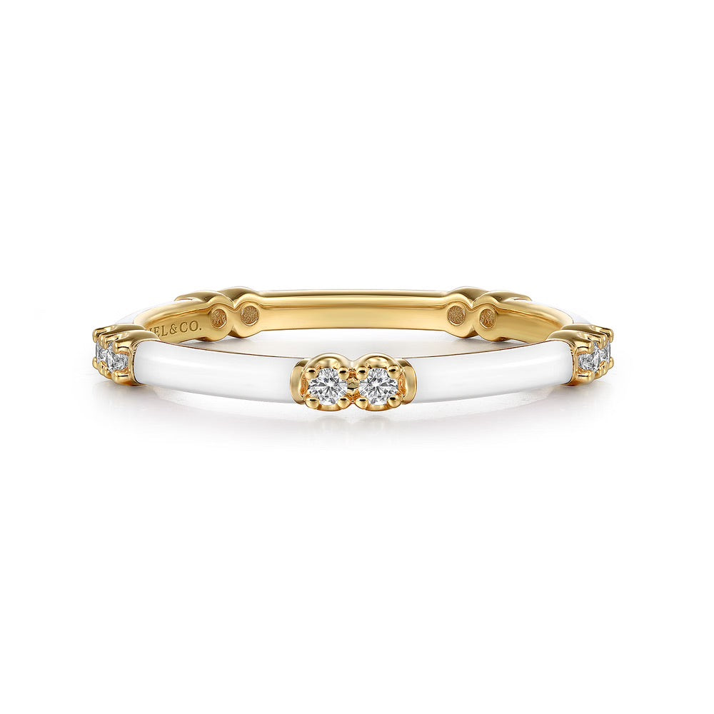 White Enamel and Yellow Gold Stacking Ring with Diamonds