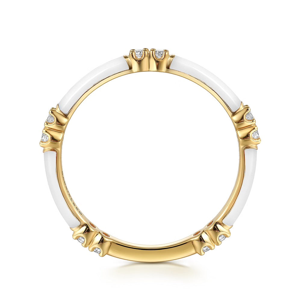 White Enamel and Yellow Gold Stacking Ring with Diamonds