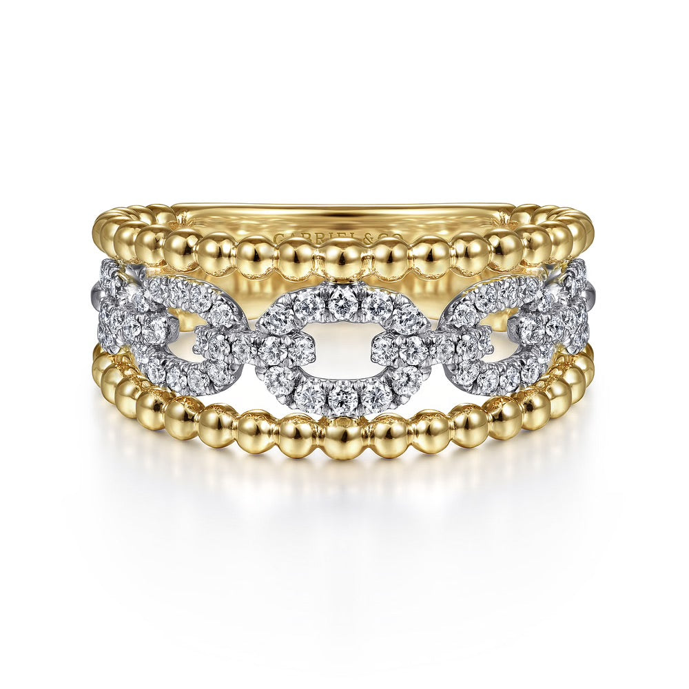 Wide Gold Bead and Diamond Link Stacking Ring