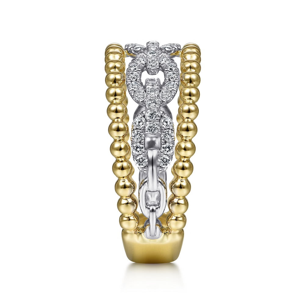 Wide Gold Bead and Diamond Link Stacking Ring
