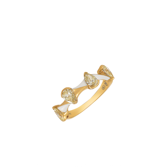 Carved ring with yellow diamonds and ceramic accents