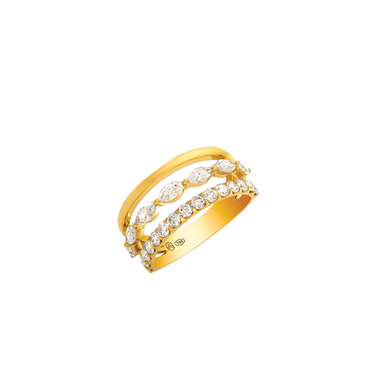 3-Row Yellow Gold Ring with Diamonds