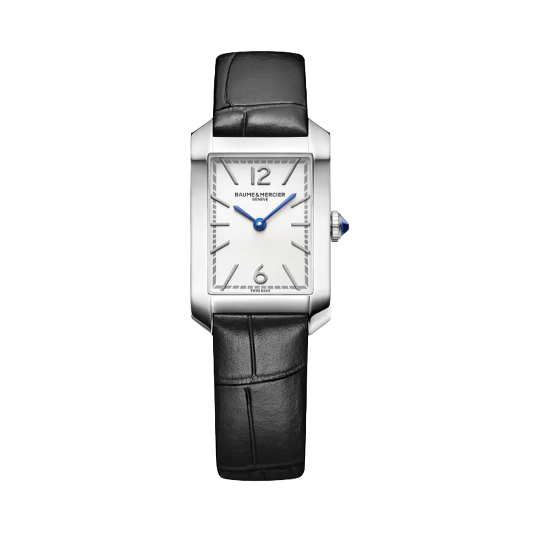 Ladies Hampton Rectangle Watch with Silver-White Dial and Black Leather Strap