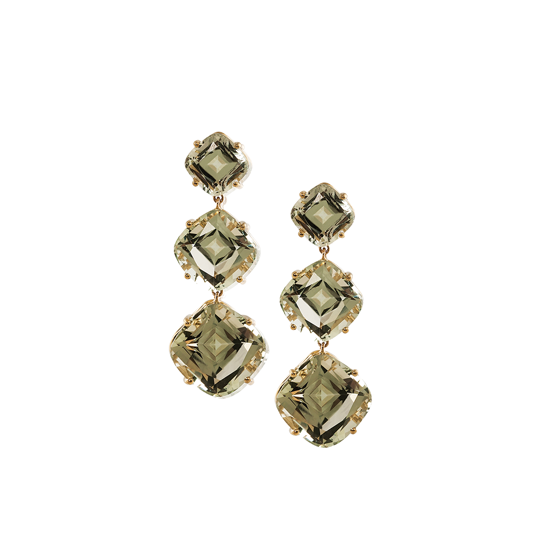 'Gossip' 3 Stone Cushion Cut Prasiolite Earrings