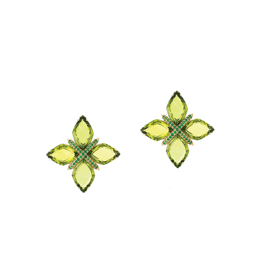 'G-One' Peridot and Tsavorite Flower Stud Earrings in 18K Yellow Gold